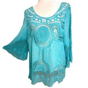 Crochet Lace Turquoise Boho‎ Bell Sleeve Swim Cover Up Top Size M / L
